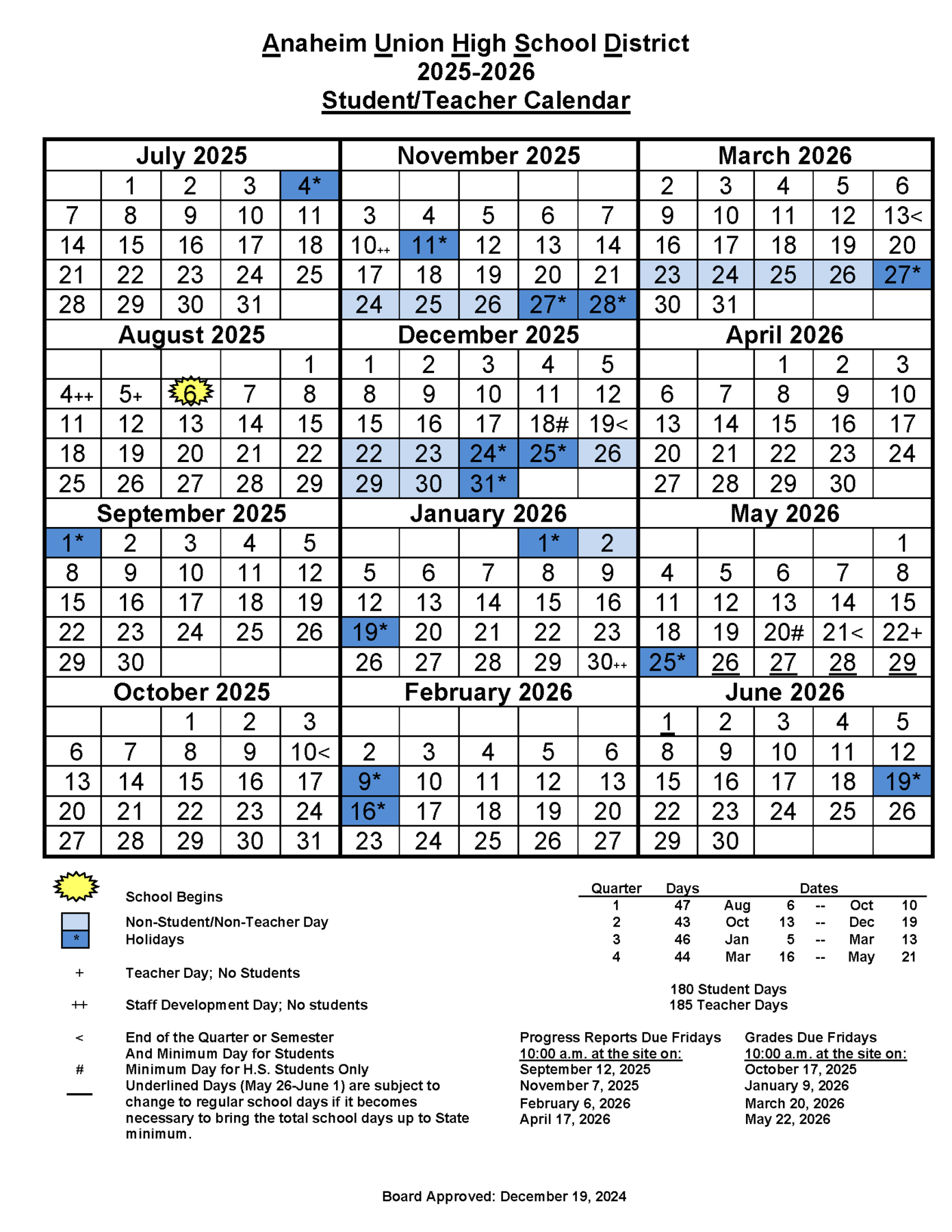 2025 - 2026 Student Teacher Calendar